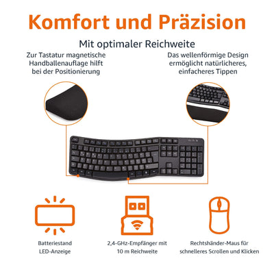 Amazon Basics – Tastatur-Maus-Set, ergonomisch, kabellos, DE Layout - schwarz