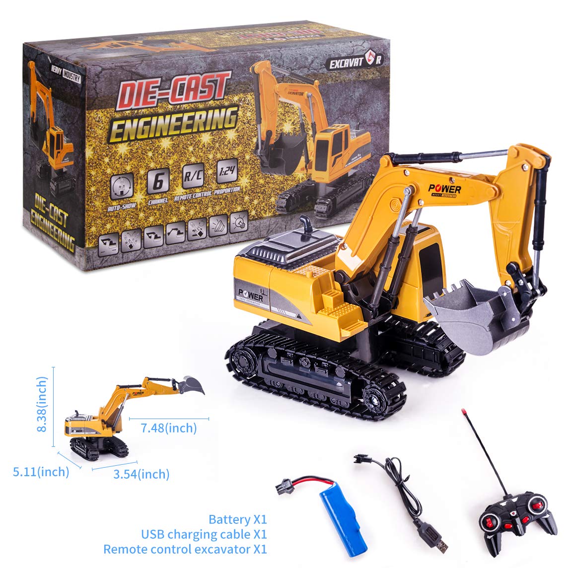 Highttoy Ferngesteuerter Bagger, 6 Kanäle RC Bagger für Jungen Bagger Traktor Spielzeug mit Lichtern und Ton 1:24 Ferngesteuertes Bagger LKW Spielzeug für Kinder
