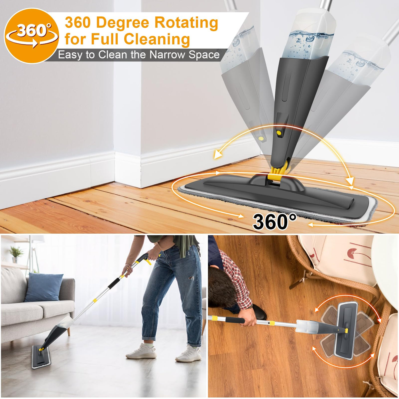 Homgif Bodenwischer mit Sprühfunktion 550ML Sprühwischer, Wischmopp mit Sprühfunktion Spray Mop, Home Küche Wischer Bodenreinigung (Grau und Gelb)