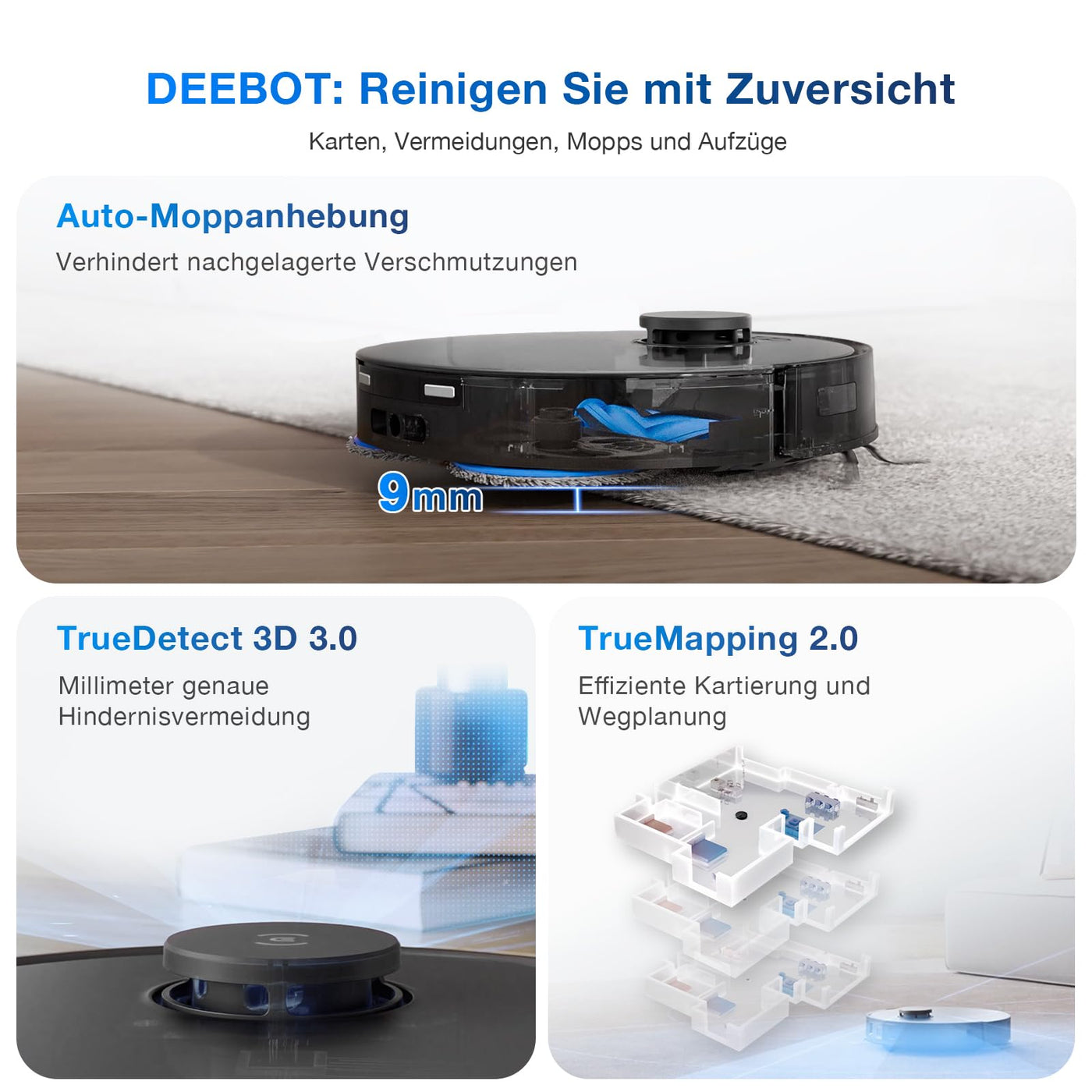ECOVACS DEEBOT T30 Omni Saugroboter mit Wischfunktion, Mini Station Staubsauger Roboter, 11.000 PA Saugkraft, Adaptive Kantenreinigung mit TruEdge™ Mopping Technolgie, ZeroTangle™ Design