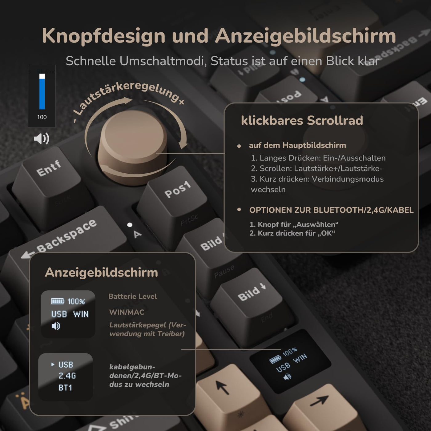 RK ROYAL KLUDGE M75 Gaming Tastatur kabellos 75% Prozent TKL Mechanische Tastatur RGB 2,4 GHz Wireless/Bluetooth/USB-C QWERTZ mit OLED-Smart-Display und Knopf Hot Swappable Roter Schalter, Grau