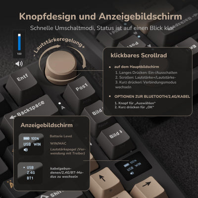 RK ROYAL KLUDGE M75 Gaming Tastatur kabellos 75% Prozent TKL Mechanische Tastatur RGB 2,4 GHz Wireless/Bluetooth/USB-C QWERTZ mit OLED-Smart-Display und Knopf Hot Swappable Roter Schalter, Grau
