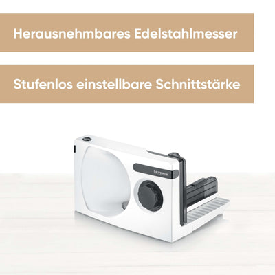 SEVERIN Allesschneider für Brot, Aufschnitt oder Käse, Brotschneidemaschine mit stufenlos einstellbarer Schnittstärke, Aufschnittmaschine mit Fingerschutz, weiß-schwarz, AS 3912