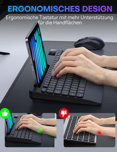 Tastatur Maus Set Kabellos - OMOTON Ergonomische Kabellos Tastatur QWERTZ Deutsche Mit Handgelenkauflage, Funk Tastatur Leise 2.4G USB Wireless Keyboard and Mouse Set für PC/Windows- Schwarz