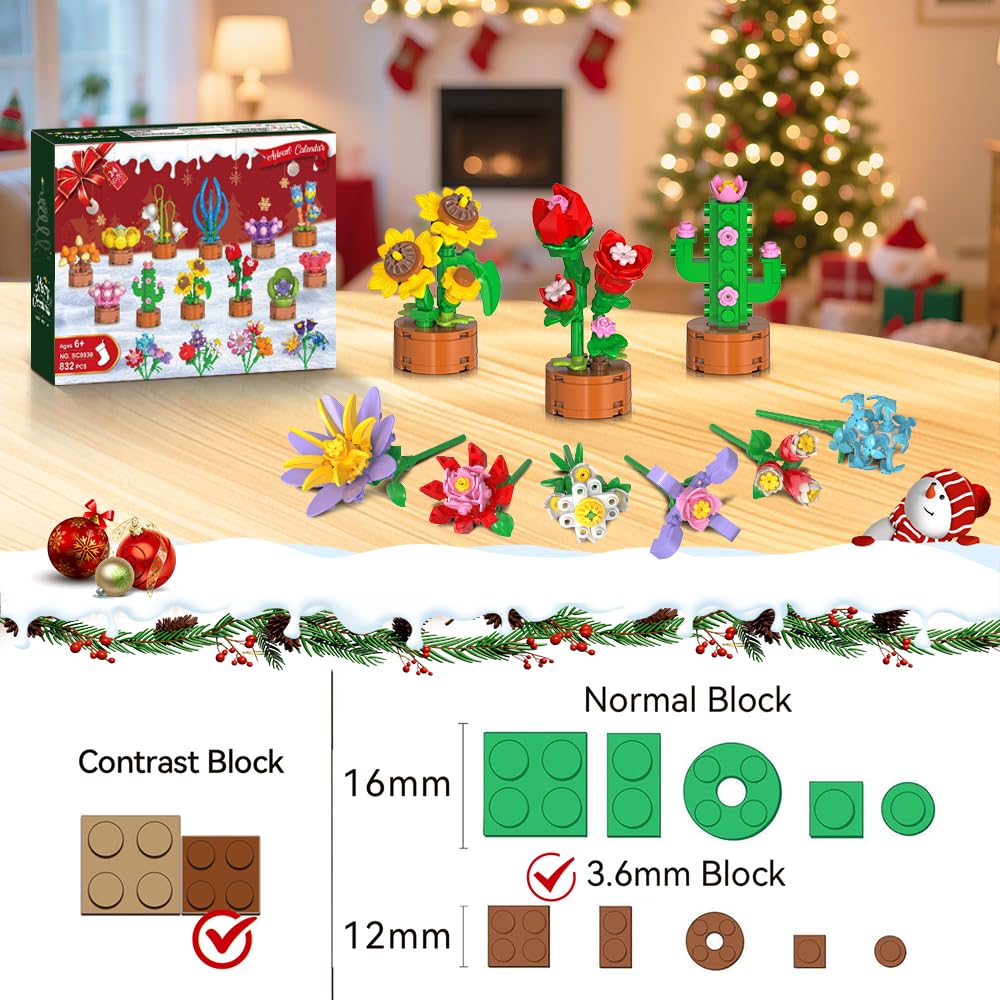 HOGOKIDS Adventskalender 2025 Blumen 3.6 Mini Bausatz - 24 Tage Weihnachten Countdown Sukkulenten Botanische Bauspielzeug, Adventskalender Bausteine Geschenk für Erwachsene Kinder Jungen Mädchen 6+