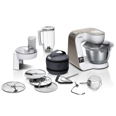 Bosch Küchenmaschine Serie 4 MUM5XW20, Edelstahl-Schüssel 3,9 L, integrierte Waage, Mixer 1,25 L, Profi-Knethaken, Schnee-, Silikonbesen, Durchlaufschnitzler, 4 Scheiben, 1000 W, Weiß/Silber
