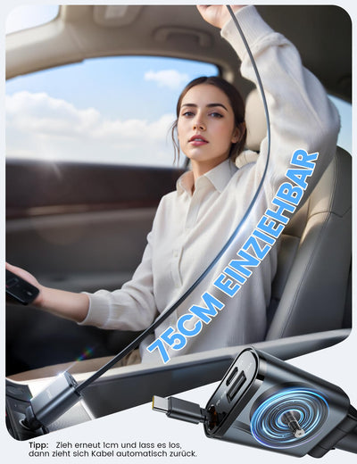 Lamicall 3 IN 1 Zigarettenanzünder USB C Auto Ladegerät -【2025 Super Kompakt】50W USB Adapter Auto Schnellladegerät mit einziehbare Typ-C Kabel/USB C/USB A, 24/12V KFZ Ladegerät Auto für iPhone/Samsung