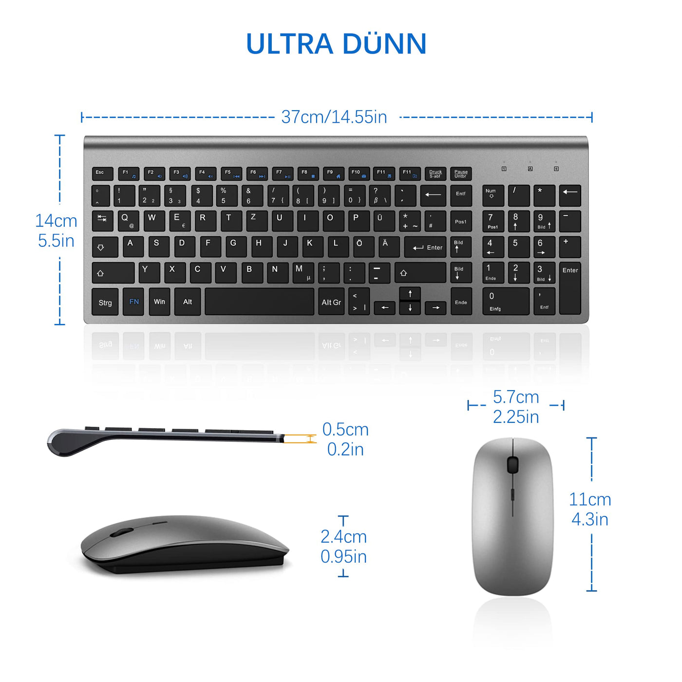 Tastatur Maus Set Ultra Slim, TopMate 2,4G Stille Compact USB 2400DPI Maus und Schissschalter Tastatur mit Abdeckung, mit 2 AA und 2 AAA Batterien für PC/Laptop/Windows/Mac - Grauschwarz