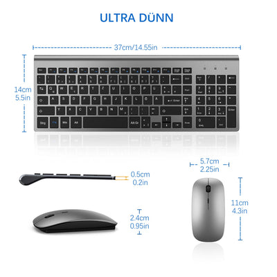 Tastatur Maus Set Ultra Slim, TopMate 2,4G Stille Compact USB 2400DPI Maus und Schissschalter Tastatur mit Abdeckung, mit 2 AA und 2 AAA Batterien für PC/Laptop/Windows/Mac - Grauschwarz