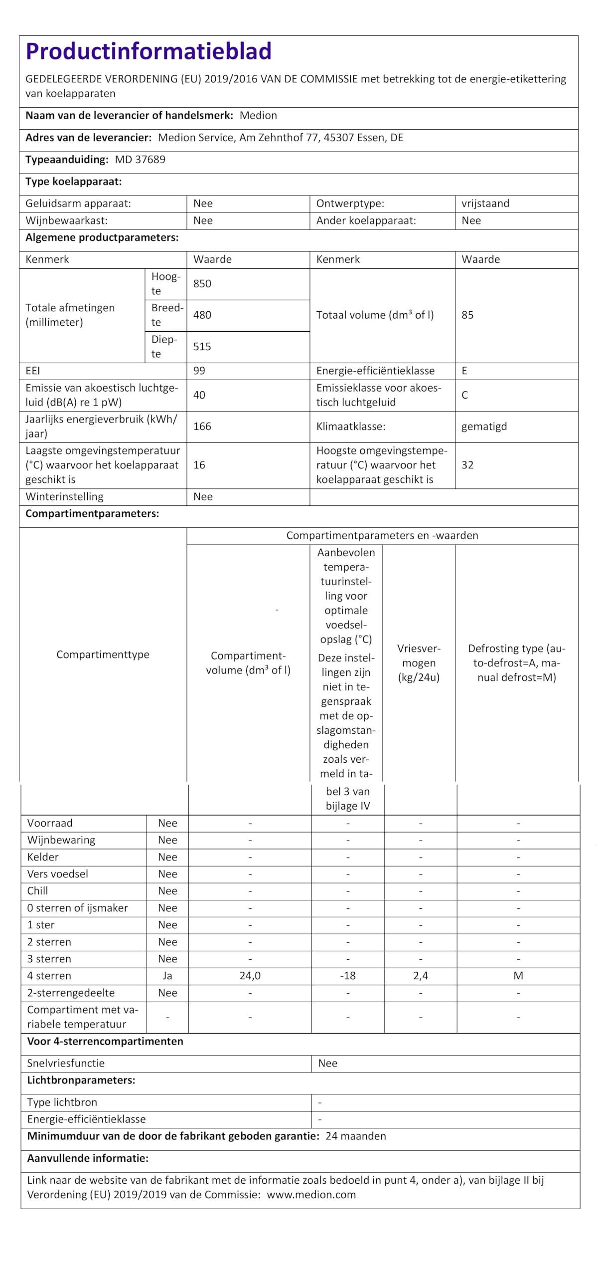 MEDION Mini Kühl-Gefrierkombination (85 Liter, 61L Kühlteil, 24L Gefrierteil, freistehend, 40 dB, transparente Gemüseschublade, Türanschlag wechselbar, MD 37689) weiß
