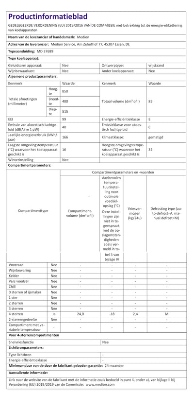 MEDION Mini Kühl-Gefrierkombination (85 Liter, 61L Kühlteil, 24L Gefrierteil, freistehend, 40 dB, transparente Gemüseschublade, Türanschlag wechselbar, MD 37689) weiß