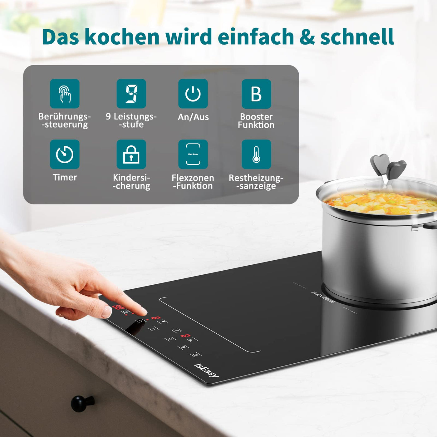 Induktionskochfeld mit Flexzonen, IsEasy domino Induktionskochfeld, Induktionskochfeld 2 platten mit 9 Leistungsstufen, Boost-Funktion,Kindersicherung und 1-99min Timer, 29.5cm, 3400W, Schwarz