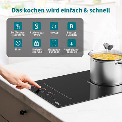 Induktionskochfeld mit Flexzonen, IsEasy domino Induktionskochfeld, Induktionskochfeld 2 platten mit 9 Leistungsstufen, Boost-Funktion,Kindersicherung und 1-99min Timer, 29.5cm, 3400W, Schwarz