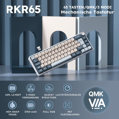 RK ROYAL KLUDGE R65 Mechanische Tastatur 60 Prozent mit Knopf, Gasket Gaming Tastatur Kabellos Bluetooth/2.4G/USB-C RGB PBT Tastenkappen QWERTZ QMK/VIA, Hot Swap Linearer Creamy Switches