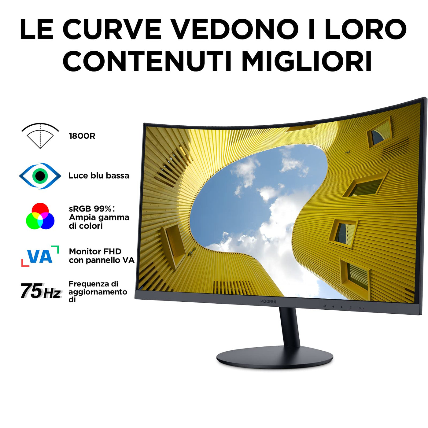 KOORUI Curved Monitor - 27 Zoll FHD Curved Computer Monitor, VA-Panel, 75Hz, Krümmung 1800R, Neigungsverstellung, Augenpflege, HDMI, VGA Gaming Monitor, Schwarz