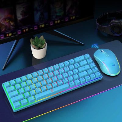 Snpurdiri 60% Tastatur Maus Set Kabellos, LED-Beleuchtung, wiederaufladbare 2000mAh Batterie Small Mini 60 Prozent Wireless Gaming Combo, Ergonomisches Design 6D 3200DPI Maus (Blau)