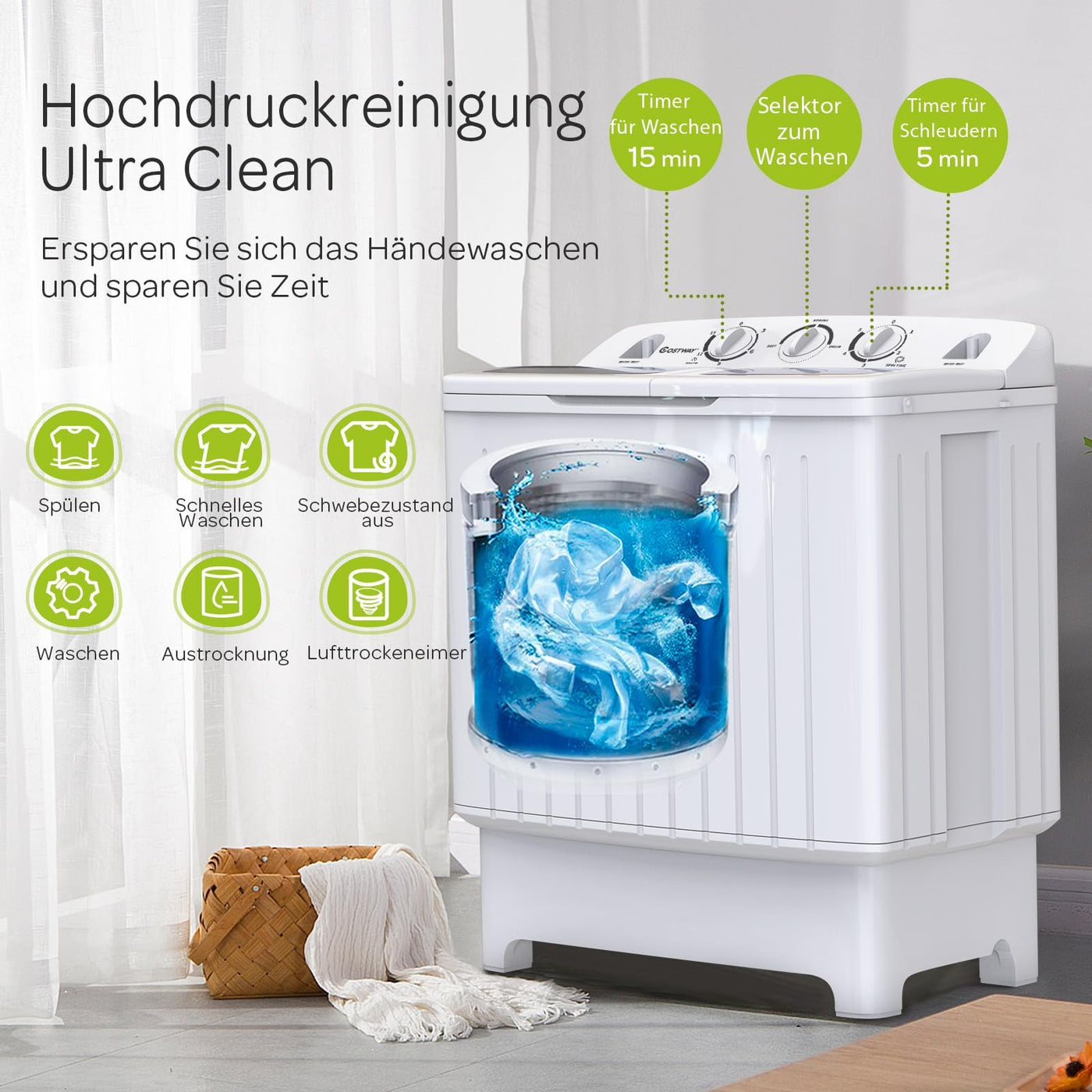 RELAX4LIFE Mini Waschmaschine mit Schleuder, 5KG Waschkapazität+3KG Schleuderkapazität, Waschautomat mit 2 Kammern & Timer, Camping Waschmaschine für Wohnwagen Kleine Wohnräume