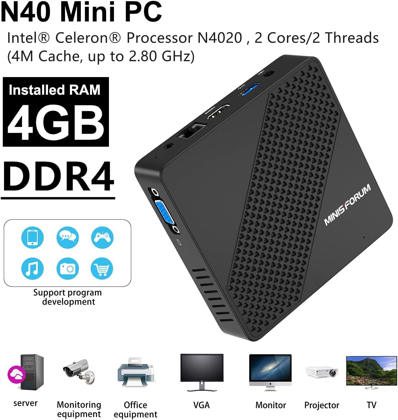 Mini-PC Intel Celeron N4020 (nur 2,8 GHz), DDR4 4 GB/64 GB eMMC, Intel UHD Graphics 600, Mini-Computer ohne Lüfter 4k@60Hz HDMI&VGA, USB3.0, Wi-FI 2.4/5.8G, BT4.2
