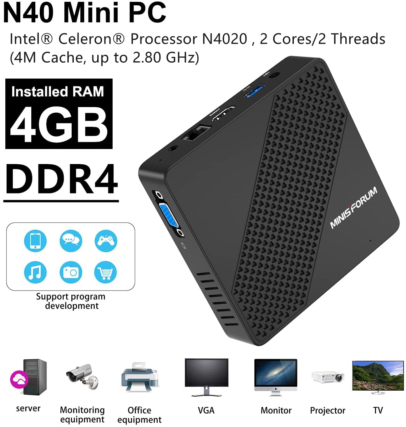 Mini-PC Intel Celeron N4020 (nur 2,8 GHz), DDR4 4 GB/64 GB eMMC, Intel UHD Graphics 600, Mini-Computer ohne Lüfter 4k@60Hz HDMI&VGA, USB3.0, Wi-FI 2.4/5.8G, BT4.2