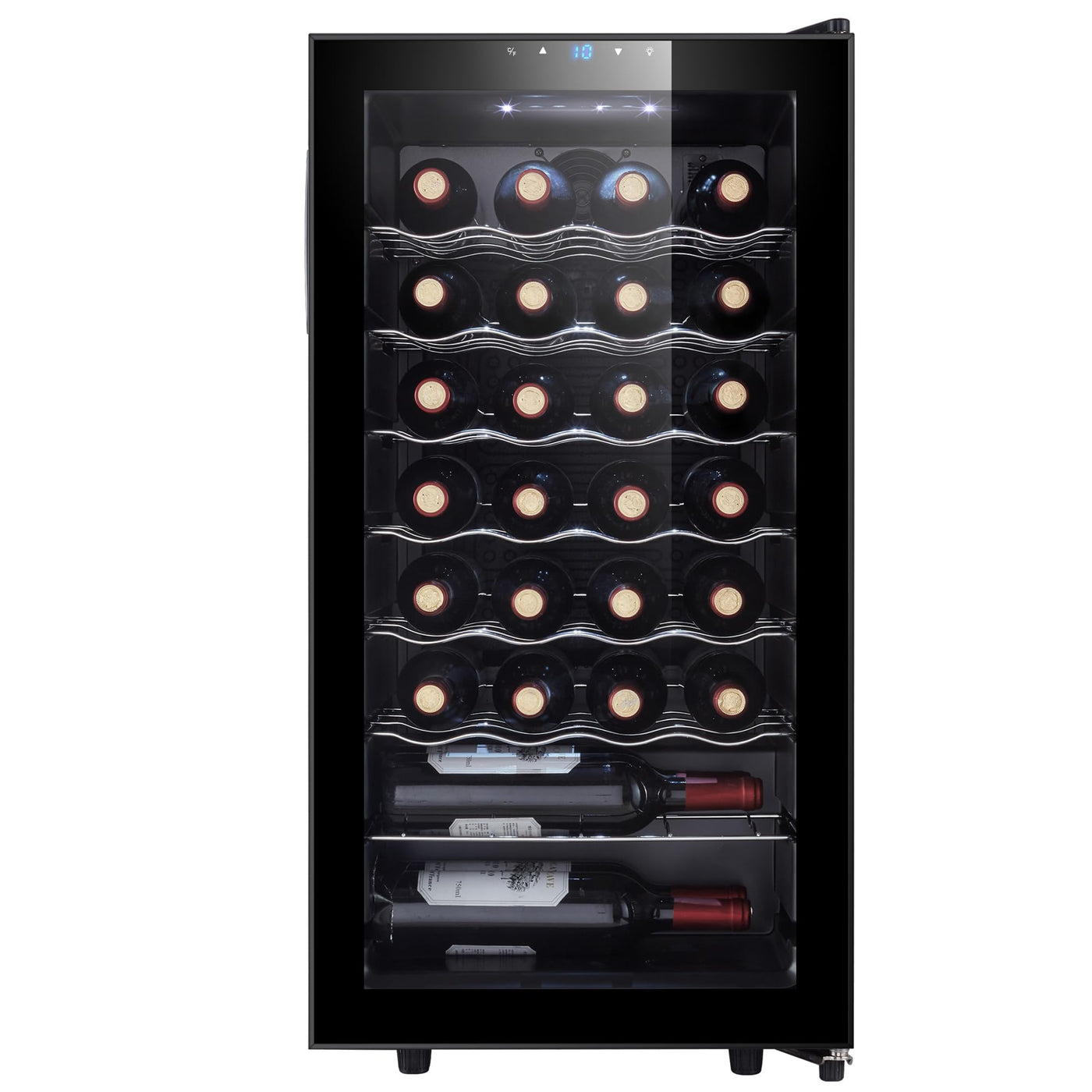 Kalamera Weinkühlschrank, 28 Flaschen 86 Liter, Touch-Bedienfeld, Schwarze Glastür, Verdeckter Griff, 5-18°C Kühlzone, Herausnehmbare Eisenböden, KRC-86FCSS-B