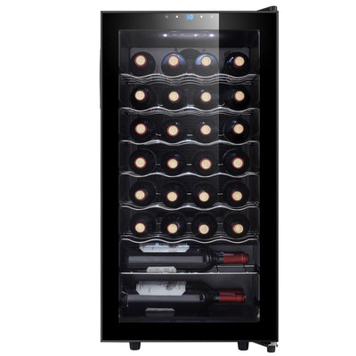 Kalamera Weinkühlschrank, 28 Flaschen 86 Liter, Touch-Bedienfeld, Schwarze Glastür, Verdeckter Griff, 5-18°C Kühlzone, Herausnehmbare Eisenböden, KRC-86FCSS-B