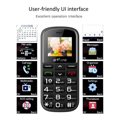 Artfone CS182 Handy für Senioren mit großen Tasten | Ladestation | SOS-Funktion | 1,77 Zoll Display | Dual-SIM | Schnellanruf | Taschenlampe | Lautes Radio | Lange Akkulaufzeit