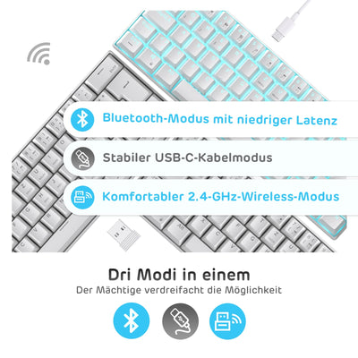 RK ROYAL KLUDGE RK61-DE 60% Bluetooth/kabelgebundene / 2.4Ghz kabellose mechanische Tastatur, 61 Tasten, Hot-Swap-fähige Blaue Schalter Gaming-Tastatur für Win/Mac, Weiß, QWERTZ Deutsches Layout