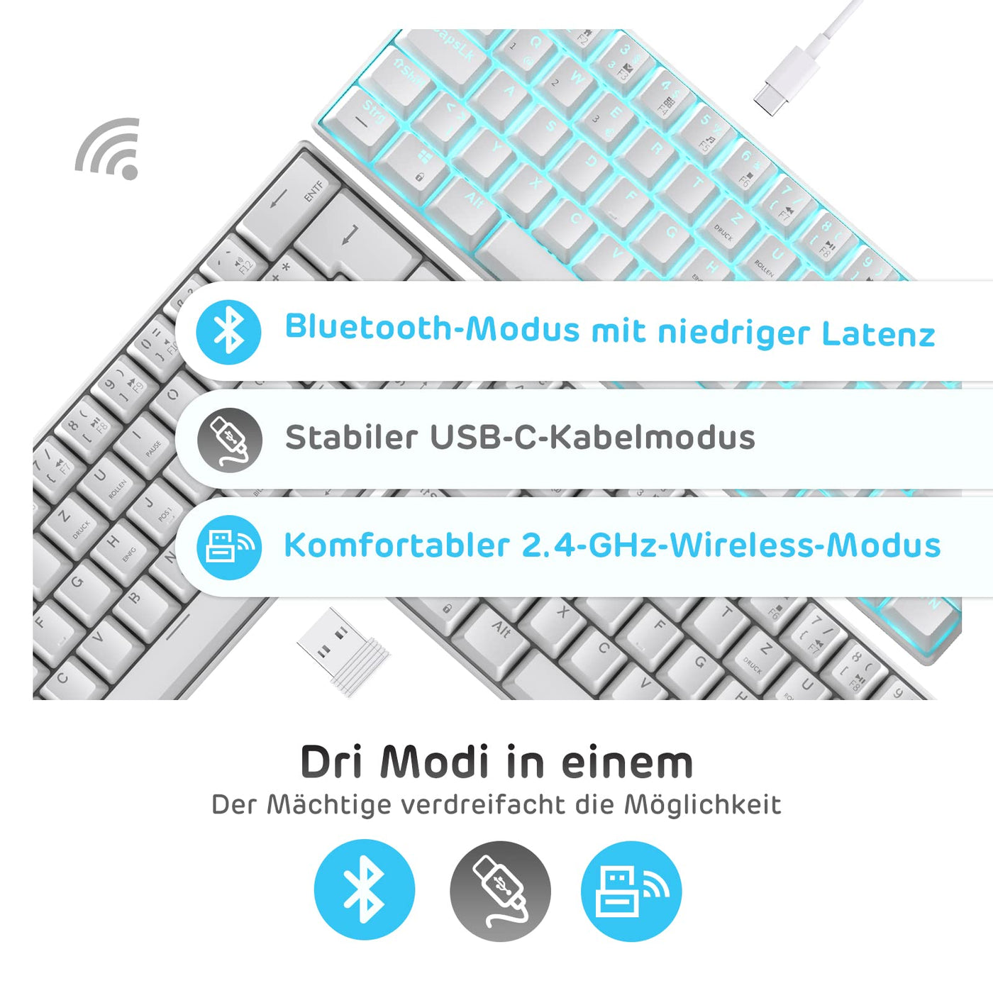 RK ROYAL KLUDGE RK61-DE 60% Bluetooth/kabelgebundene / 2,4 GHz kabellose mechanische Tastatur, 61 Tasten, Hot-Swap-fähige braune Schalter Gaming-Tastatur, kompatibel für Win/Mac, Weiß, QWERTZ