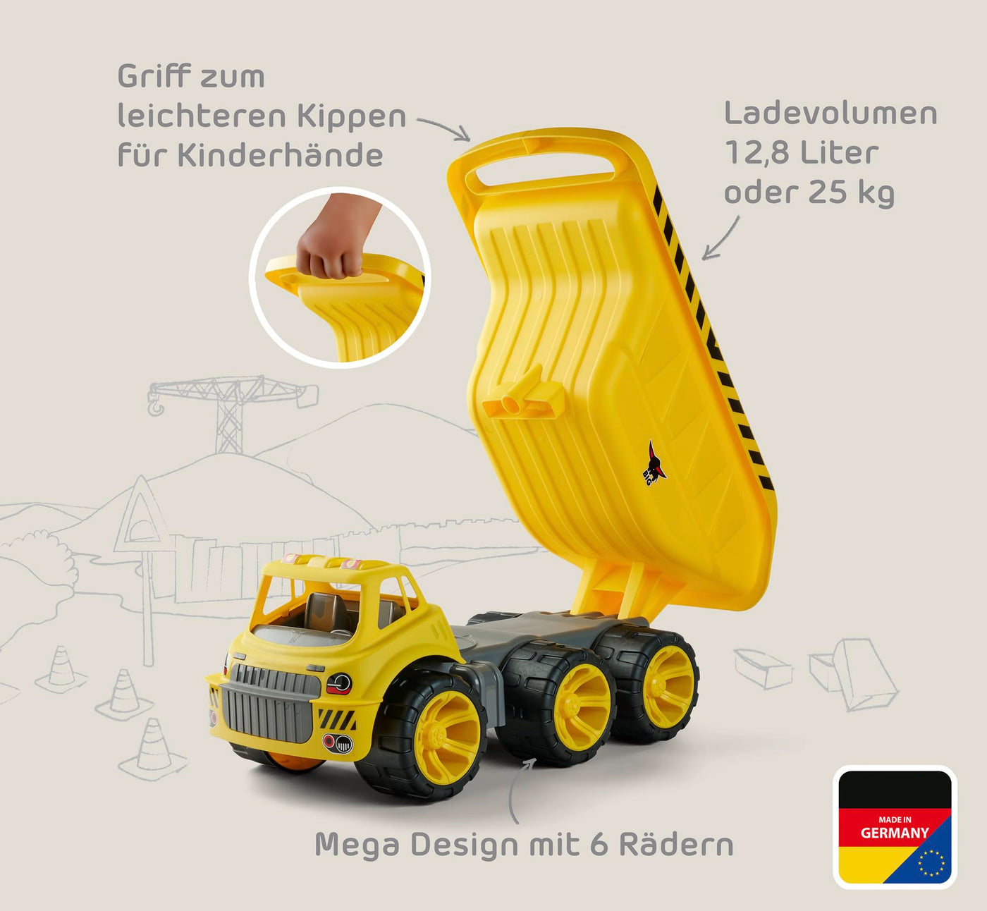 BIG Power Worker Mega Kipper (65 cm) - XXL Kipplaster mit großer Kippmulde (Platz für 12,8 l Ladung) und 6 Reifen für drinnen & draußen, Baustellenfahrzeug für Kinder ab 2 Jahre, gelb