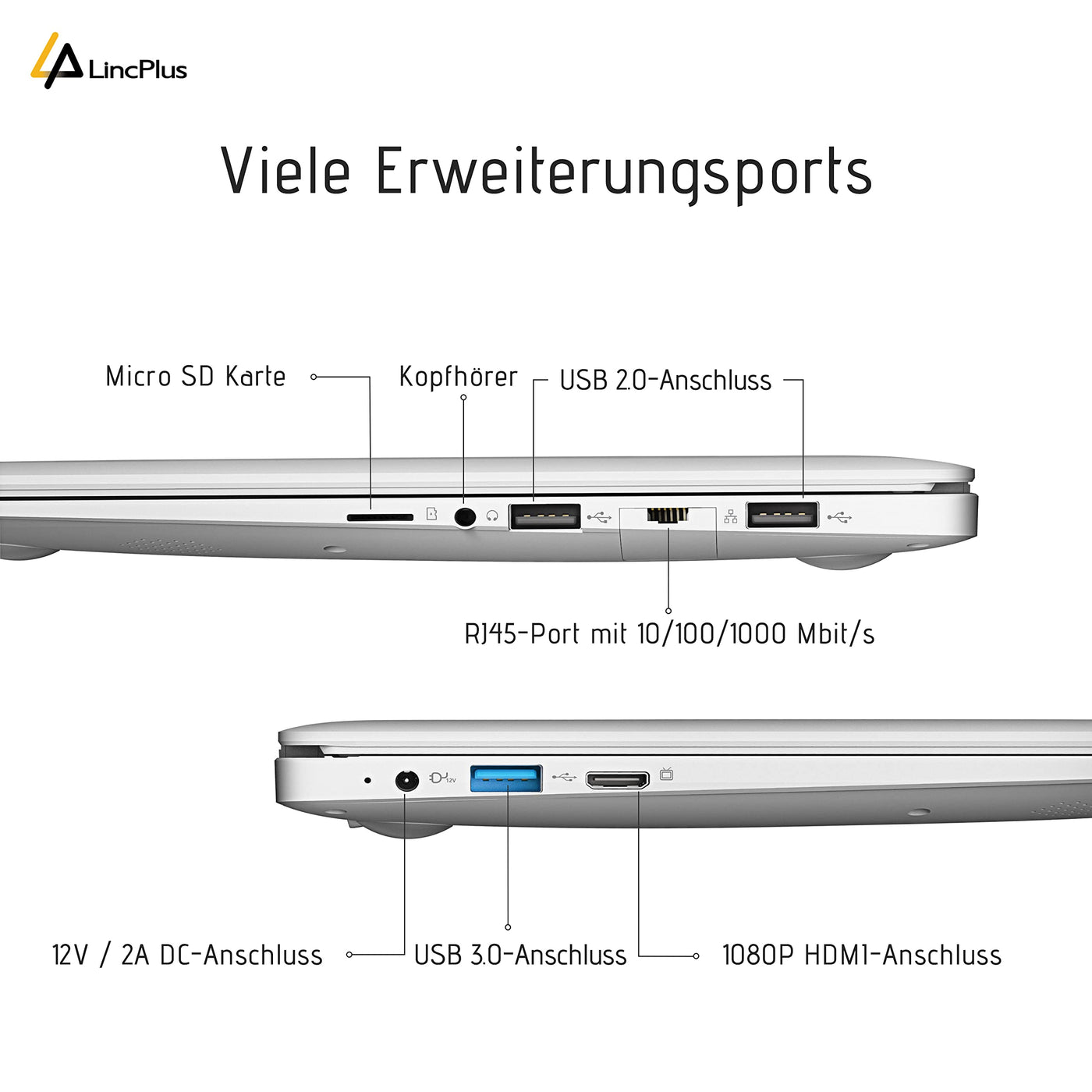 LincPlus Laptop Notebook 14 Zoll Full HD 4GB RAM + 128GB Netbook mit QWERTZ Tastaturlayout für Home/Office, Windows 10 S