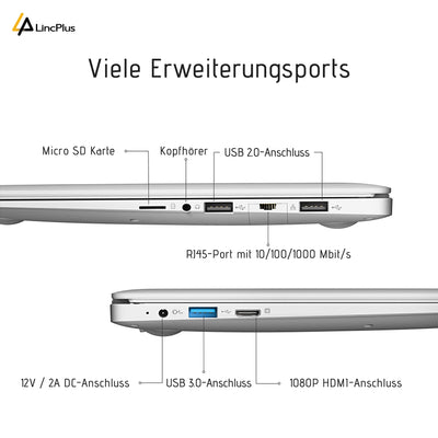 LincPlus Laptop Notebook 14 Zoll Full HD 4GB RAM + 128GB Netbook mit QWERTZ Tastaturlayout für Home/Office, Windows 10 S