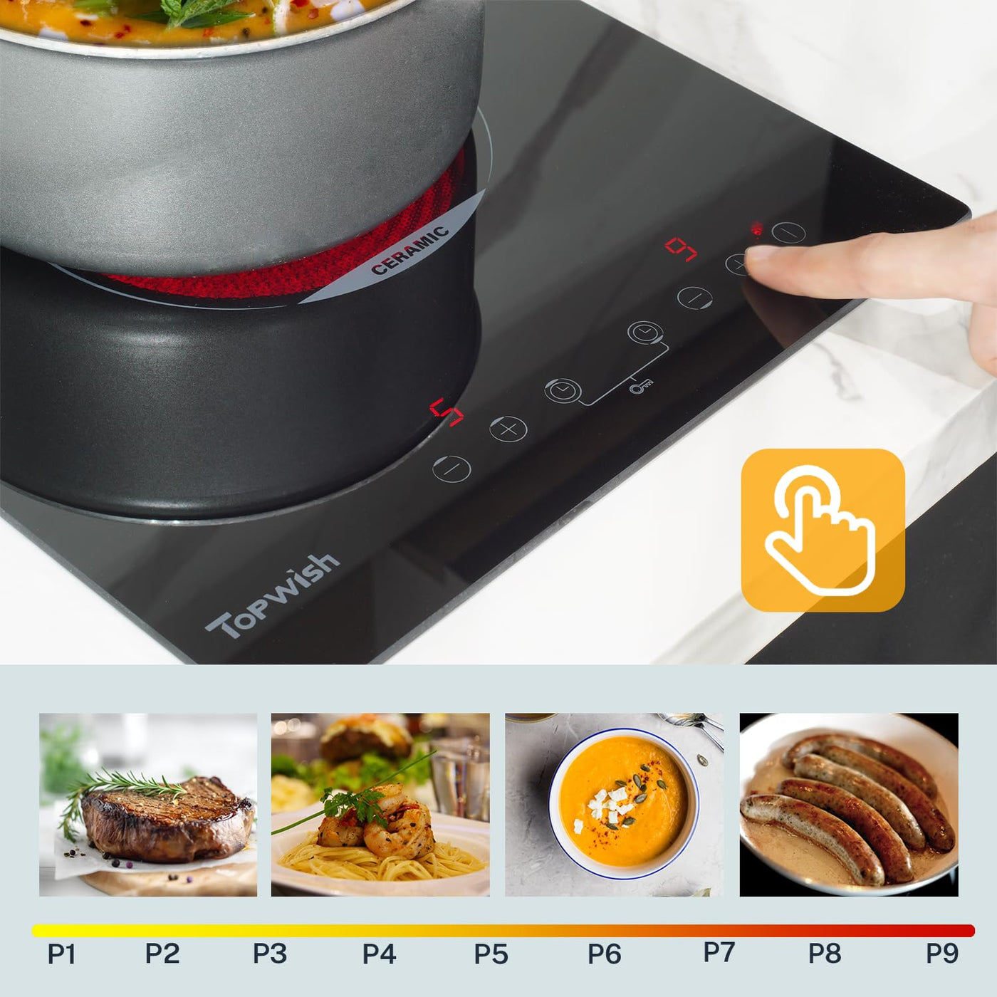 Topwish Glaskeramikkochfeld, 2 Zonen Keramikkochfeld, Elektroherd, integriertes elektrisches Kochfeld, Einbaukochfeld mit 9 Stufen, Kindersicherung, Touchsteuerung, Restwärmeanzeige, Timer, 29 * 52cm