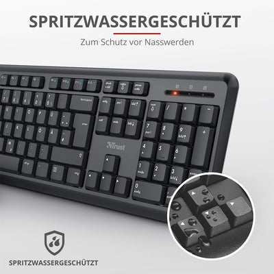Trust 24080 Ymo Kabelloses Tastatur-Maus-Set - Deutsches QWERTZ - Schwarz & 22879 Verto Wireless Vertikale Ergonomische Maus (Vorbeugung Gegen Mausarm/Tennisarm, Nur für Rechtshänder) Schwarz