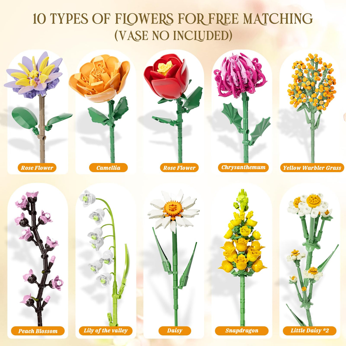 Blumenstrauß Bausatz, 1070 Stück Blumen Bauspielzeugset 10 Künstliche Blumen für Flowers, Botanical Kollektion Bauklötze, Geschenke zum Muttertag, Geburtstag, Muttertag, Vase Nicht Enthalten