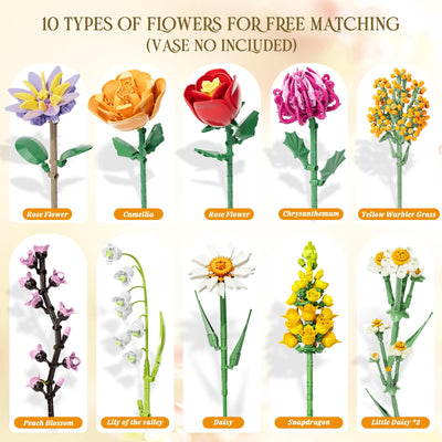 Blumenstrauß Bausatz, 1070 Stück Blumen Bauspielzeugset 10 Künstliche Blumen für Flowers, Botanical Kollektion Bauklötze, Geschenke zum Muttertag, Geburtstag, Muttertag, Vase Nicht Enthalten