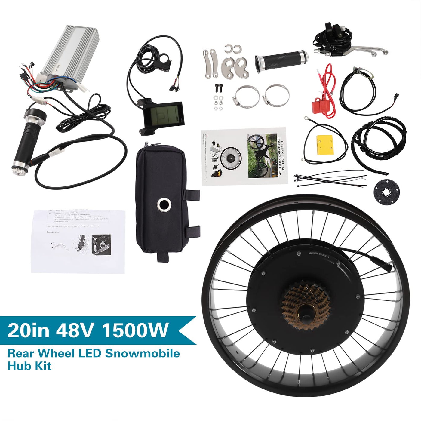 Esyogen Schnee Fahrrad Umbausatz 48V 1500W elektrisches Ebike Umbau Kit 20 Zoll Rad hintere Drehnabenmotor, mit LCD-Anzeige, 5-Gang Schwungrad und Controller Tasche Umbausatz