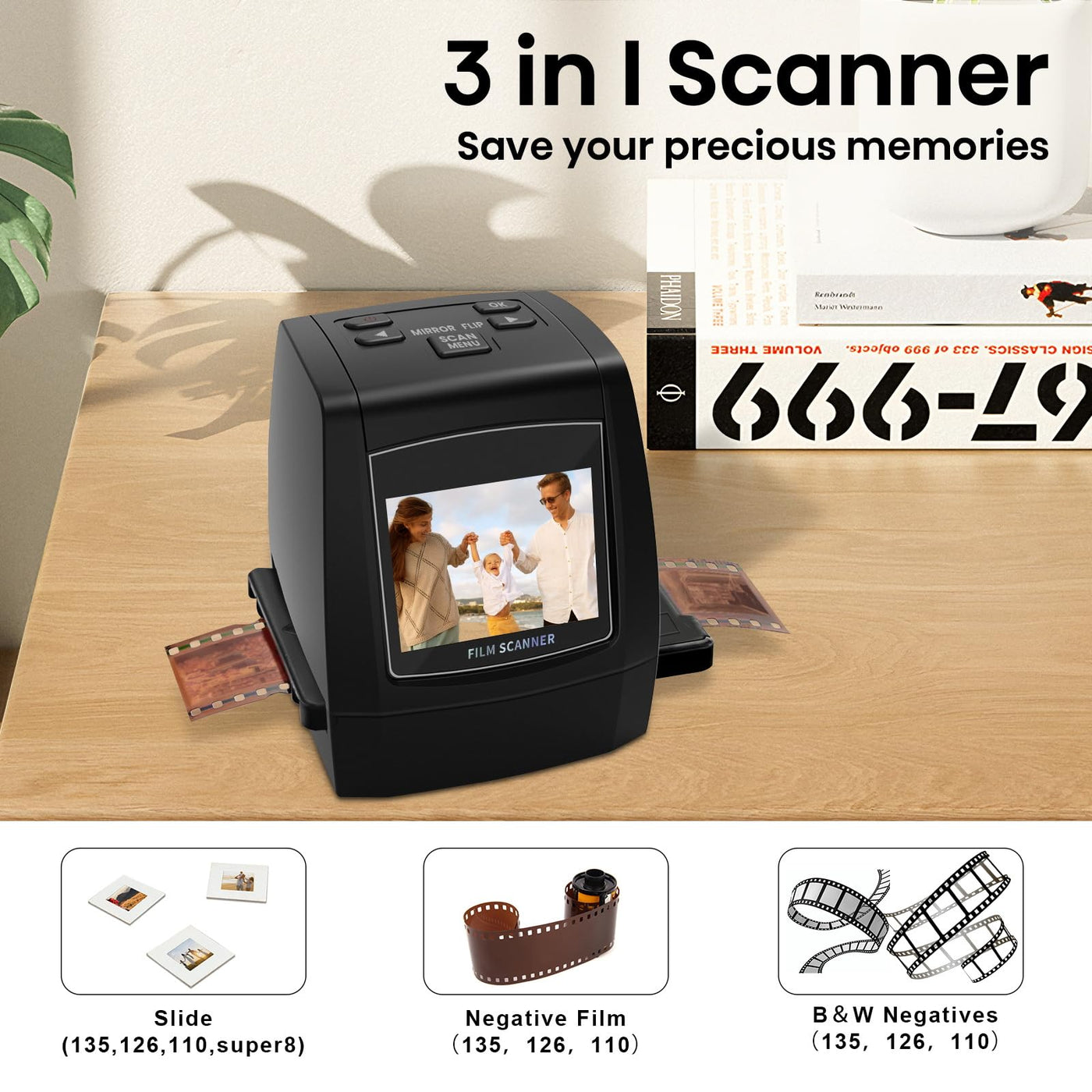 Digital Film Scanner, Eigenständiger Diascanner und Negativscanner Konvertiert Negative und Filmdias von 35mm, 126, 110, Super 8 und 8mm in JPEG-Bilder, 2,4" LCD-Display