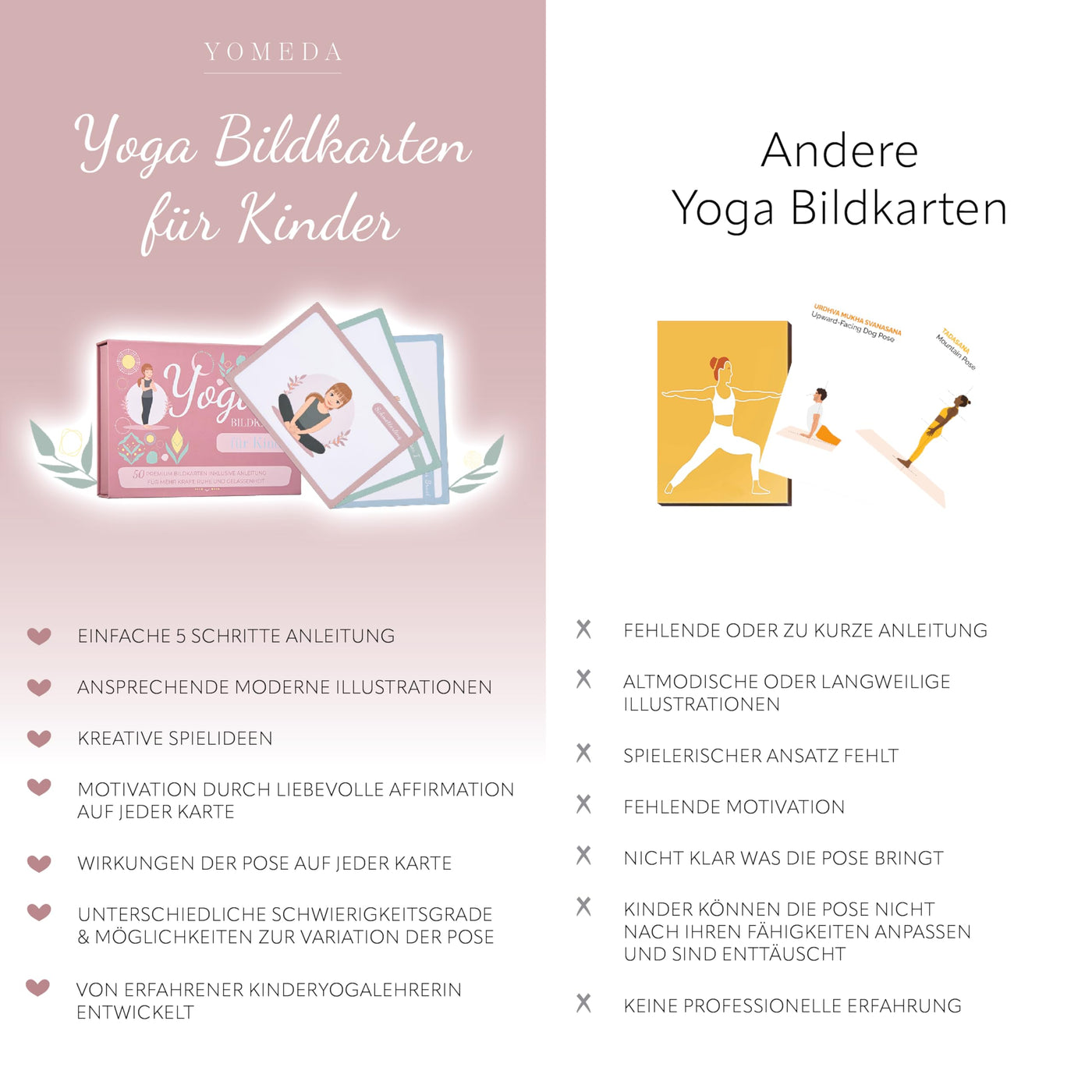 Yomeda Kinderyoga Bildkarten – 50 hochwertige Yoga Karten für Kinder mit Anleitungen – Fördert Konzentration, Bewegung & Achtsamkeit – Ideal für Zuhause, Schule & Therapie [Pädagogisch Wertvoll]