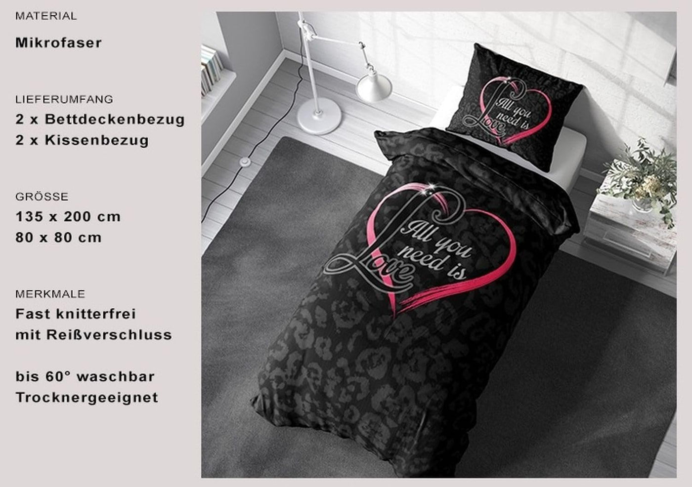 Leonado Vicenti Partner Bettwäsche 135x200 Microfaser 4 teilig Herz in Pink und Love Fotodruck mit Reißverschluss Schwarz