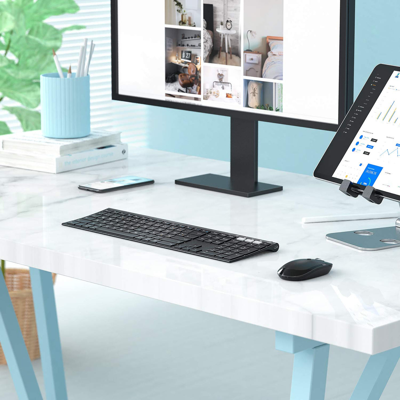 seenda Bluetooth Tastatur mit Maus Kabellos, Dual Bluetooth & 2.4G USB-Stick Tastatur Maus Set Kabellos, Wiederaufladbare Funktastatur Maus mit DE Layout für Mac/Windows/Android - Schwarz