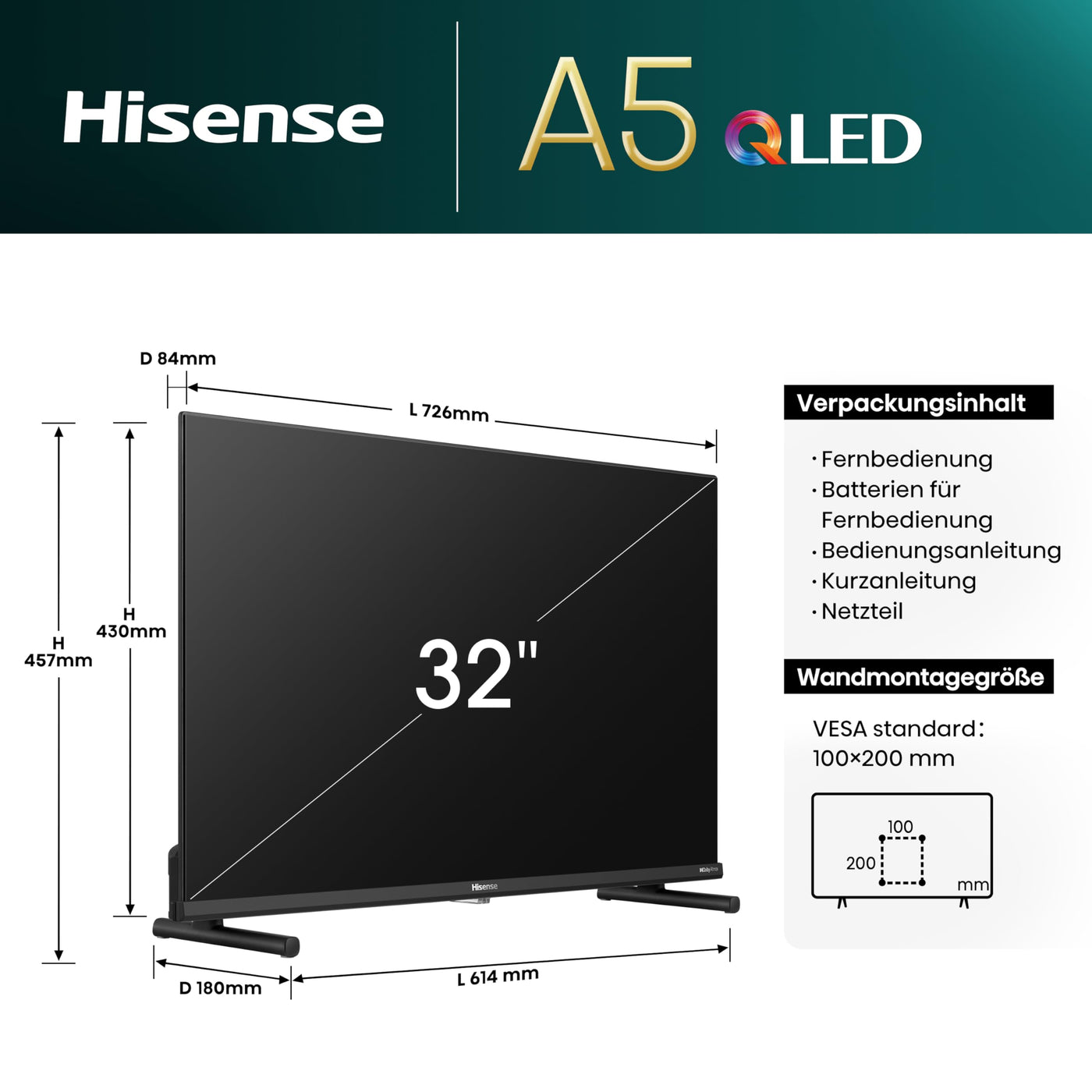 Hisense 32A5NQ 80 cm (32 Zoll) QLED Fernseher Full HD, Smart TV, Triple Tuner, AI Sports Mode, Dolby Atmos, Share to TV, Duale Positionierung, WiFi, Game & Hotel Modus, Schwarz [2024]