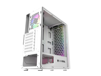 Oversteel - Iridium Gaming PC Gehäuse Kompatibel mit ATX, Micro ATX und ITX Boards, 120mm A-RGB Lüfter, Mesh Front, 2 Staubfilter, gehärtetes Seitenglas, USB 3.0, Weiß