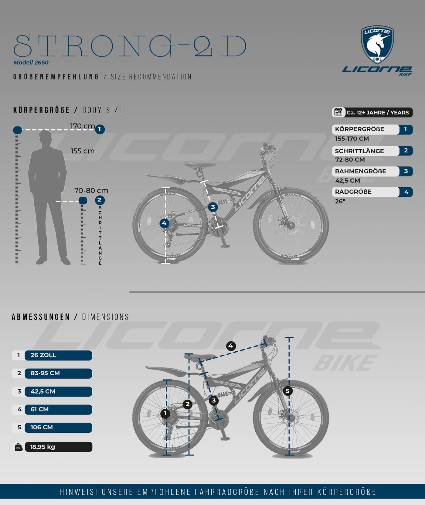 Licorne Bike Strong D Premium Mountainbike in 26 Zoll - Fahrrad für Jungen, Mädchen, Damen und Herren - Scheibenbremse vorne und hinten-Shimano 21 Gang-Schaltung-Vollfederung