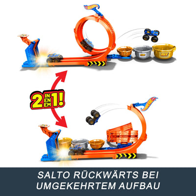 Hot Wheels Monster Trucks Truck- und Strecken-Spielset, Loop & Flip Trophy Challenge Spielset und Die-Cast-Bigfoot zum 50. Jubiläum im Maßstab 1:64, zwei Spielmöglichkeiten, JBX64