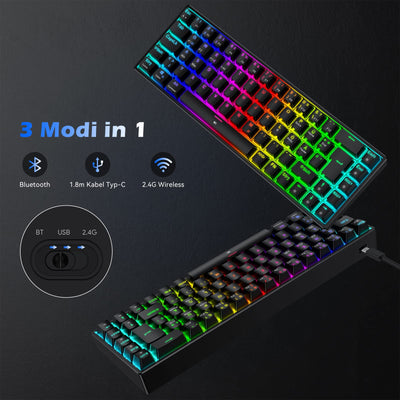 TECURS Gaming Tastatur Kabellos, Mechanische Tastatur RGB QWERTZ (German Layout) mit Rote Schalter für PC Gamer und Arbeits, 65% TKL Gaming Keyboard für PS4 /PS5/Laptop/Xbox One, Schwarz