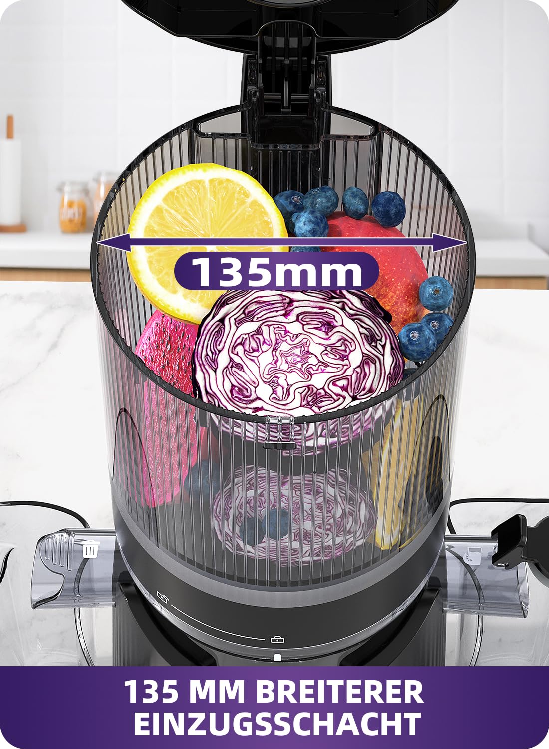 ACOQOOS Entsafter, Entsafter für Ganze Gemüse und Obst, 135 mm Breite und Größere Fütterungsröhre, 1,8 L Füllvolumen, Leicht zu Reinigender Slow Juicer mit 2 Gläsern, Elektrische Saftpresse Schwarz