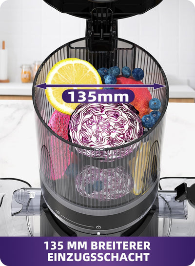 ACOQOOS Entsafter, Entsafter für Ganze Gemüse und Obst, 135 mm Breite und Größere Fütterungsröhre, 1,8 L Füllvolumen, Leicht zu Reinigender Slow Juicer mit 2 Gläsern, Elektrische Saftpresse Schwarz