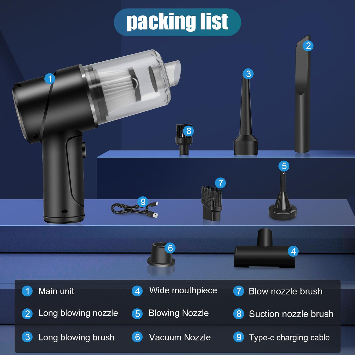 Handstaubsauger Kabellos Mini-Autostaubsauger, USB aufladbar Tragbar Leicht Handstaubsauger 4 in 1 12000Pa Nass & Trocken Autostaubsauger mit 2 Pack HEPA-Filterung für den Auto, Haus, Küche Schwarz