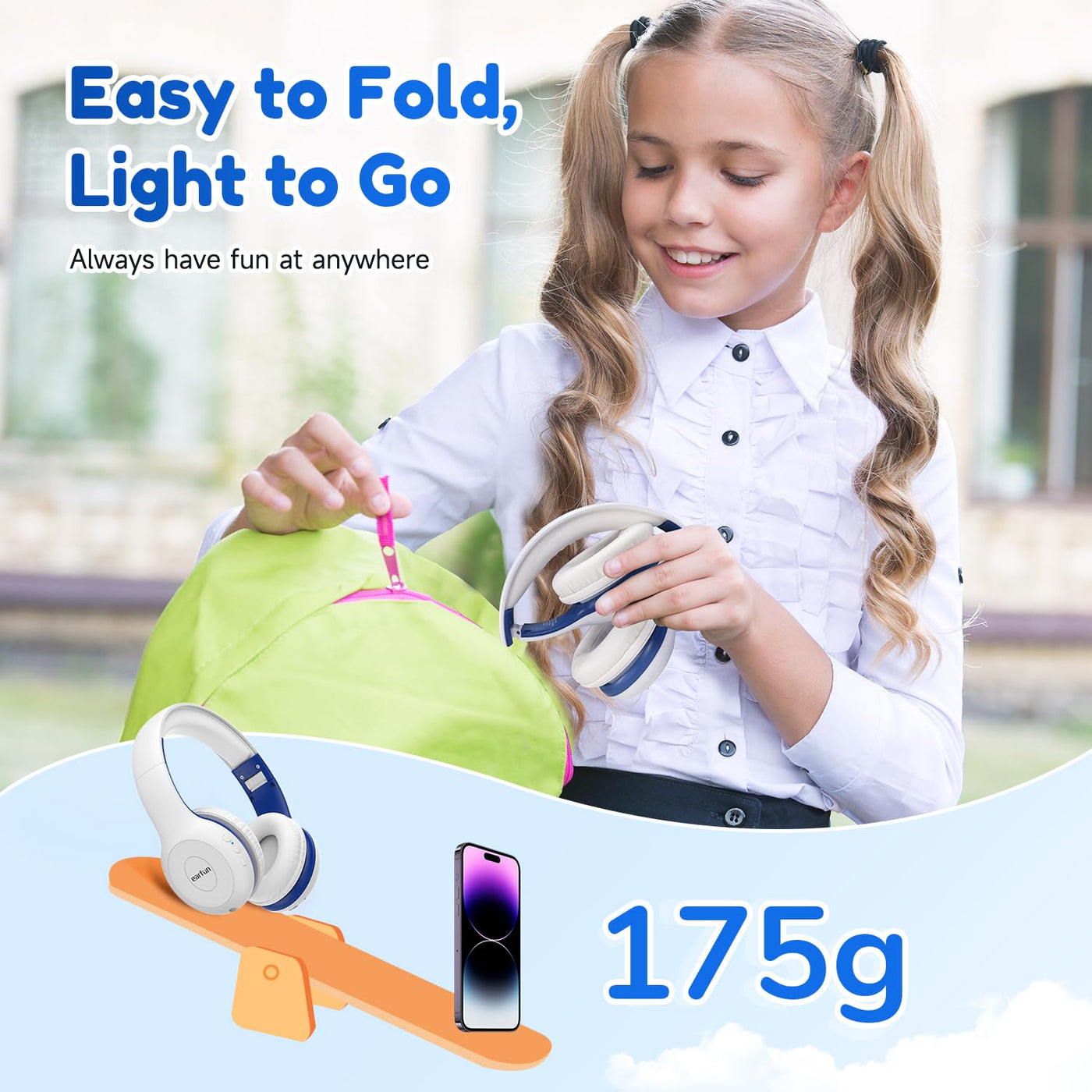 EarFun Bluetooth Kopfhörer Kinder, 85/94dB Lautstärkeregelung, HiFi Sound, HD-Mikrofon, 40 Std Akku, Faltbare, Einstellbar, Kopfhörer Kabellos Bluetooth Kinder für Schule/Reise/PC, Weiß