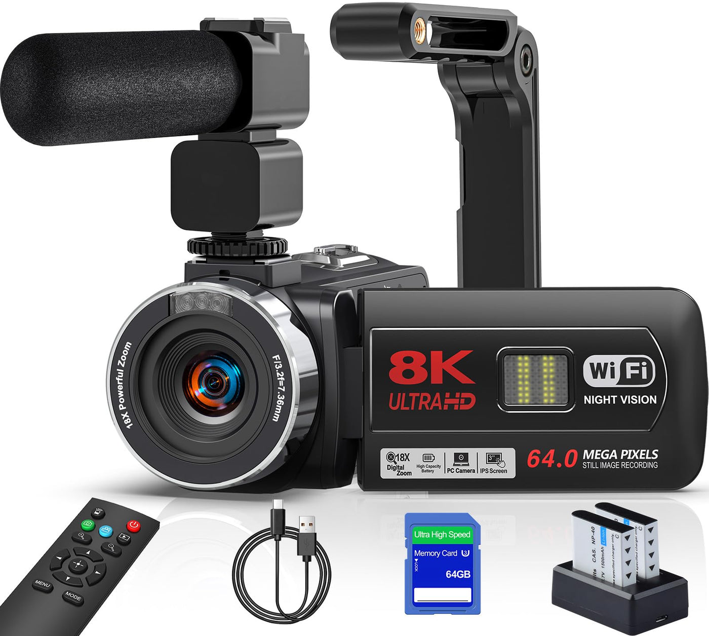 Videokamera 8K Camcorder 64MP WiFi Vlogging Kamera mit IR Nachtsicht für YouTube, 3-Zoll-Touchscreen, 18X Digitalzoom Webcam Camera mit Mikrofon,Stabilisator,Fernbedienung, 64GB SD Karte und 2 Akkus